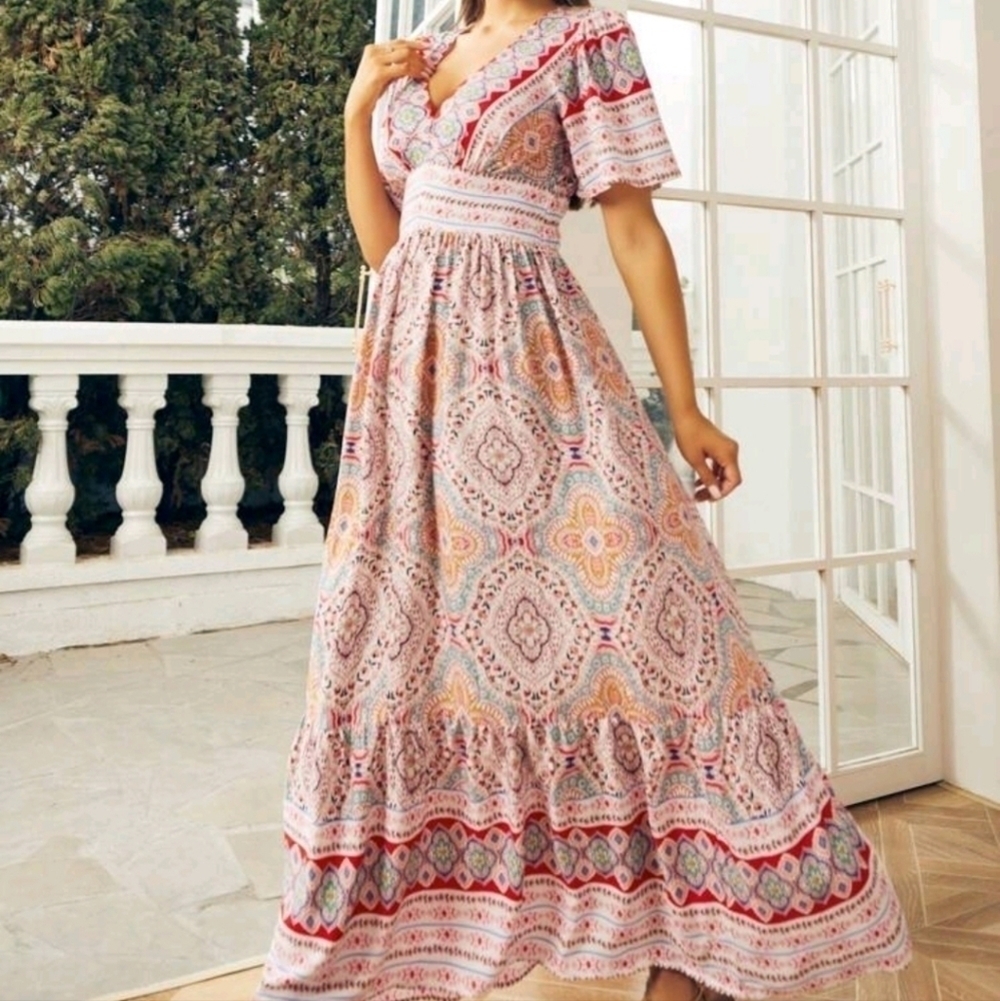 Multicolor Boho Floral and Tribal Print, Ruffle Hem,  v neck,  a line, M… - Picture 5 of 9
